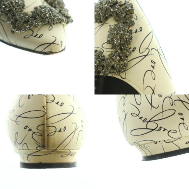 【中古】マノロブラニク LOVE SCRIPT HANGISI フラットパンプス ポインテッドトゥ ラインストーン 36.5 23.5cm 白 黒