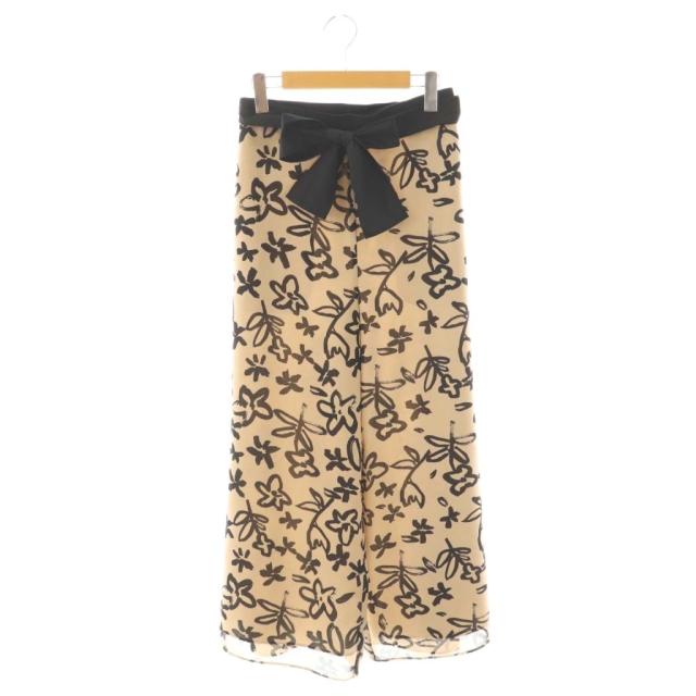 【中古】エムズグレイシー M'S GRACY 25年製 総柄 ワイドパンツ リボンベルト付き 38 ベージュ ブラック