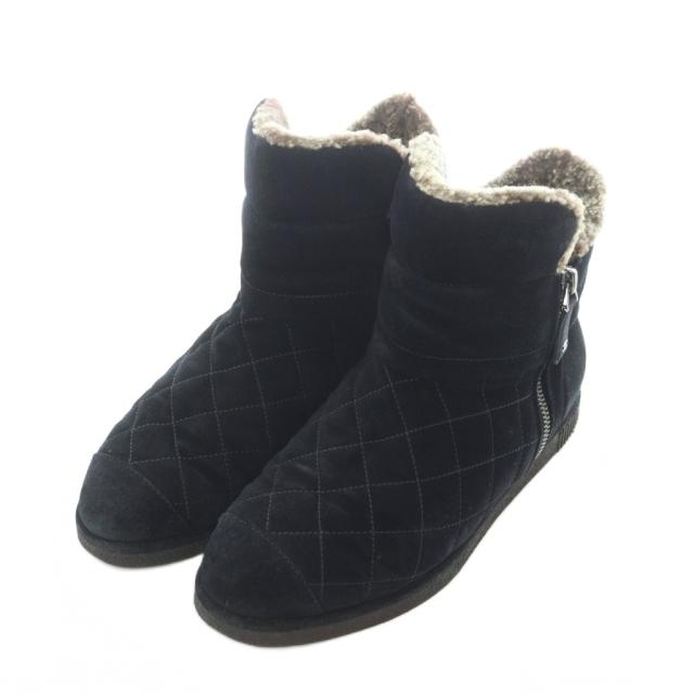 【中古】シャネル CHANEL 13A ムートンブーツ 37.5 24.5cm 黒 ブラック ベージュ キルティング G27813