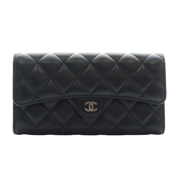 【中古】シャネル CHANEL CLASSIC ロングウォレット 長財布 フラップ マトラッセ ココマーク ラムスキン 31番台 黒