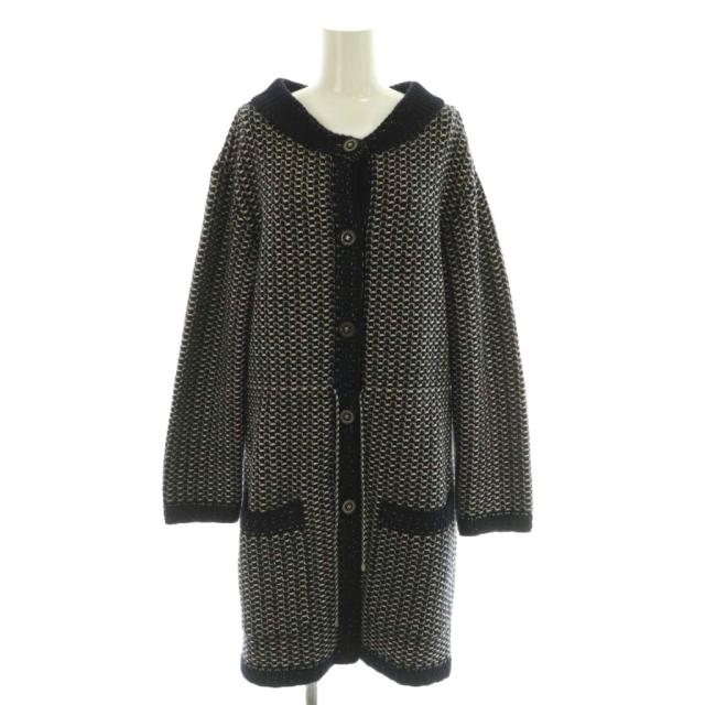 【中古】シャネル CHANEL ロングカーディガン ニット 長袖 ココマークボタン カシミヤ シルク混 34 紺 白