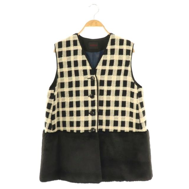 【中古】トゥモローランドコレクション タッターシェパードファーペプラムジレ Vネック 36 ブラック アイボリー