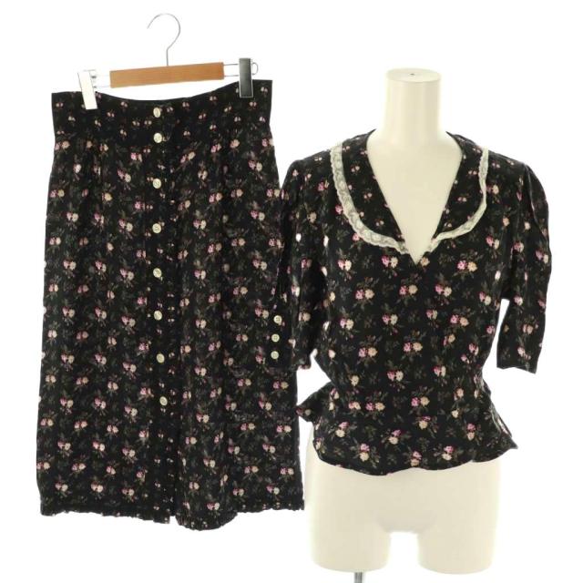 【中古】ルージュ セットアップ 花柄 レース ブラウス スカート 38 ブラック マルチカラー /DO ■OS レディース 中古】ルージュ セットアップ 花柄 レース ブラウス スカート 38