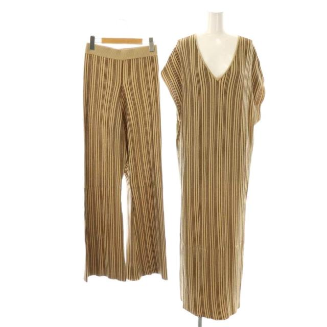 【中古】クラネ CLANE ランダムストライプニットワンピース ロング パンツセット 2 ベージュ /HK ■OS レディース