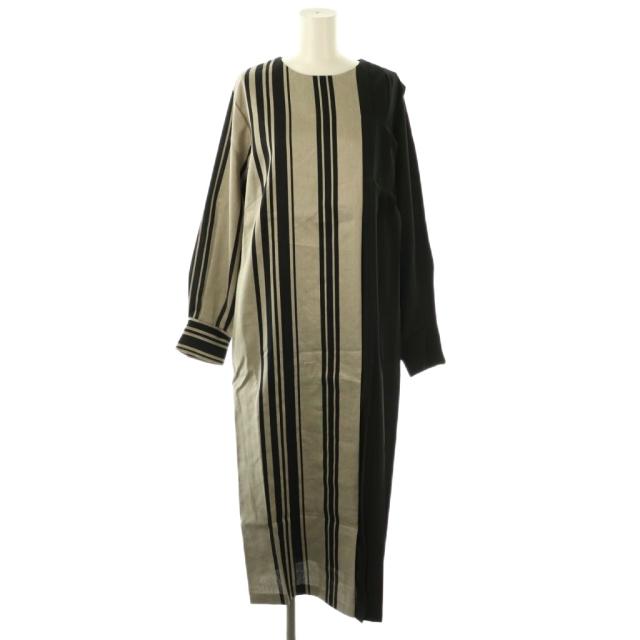 【中古】アドーア ADORE ワイドストライプブラックワンピース 長袖 ロング リネン 38 黒 ベージュ 531-2140208
