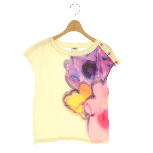 【中古】シャネル CHANEL 水彩プリント ココマークボタンカットソー フレンチスリーブ コットン 36 クリーム色