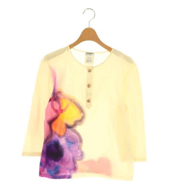 【中古】シャネル CHANEL 水彩プリント ココマークボタン ヘンリーネックカット カットソー 七分袖 40 クリーム色
