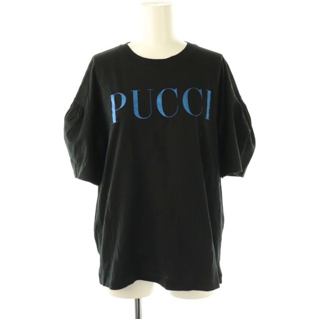 【中古】エミリオプッチ EMILIO PUCCI ロゴ ラメ 半袖 Tシャツ カットソー M ブラック ブルー /CX ■OS レディース