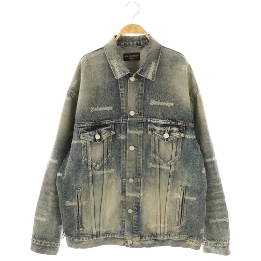 【中古】バレンシアガ ロゴプリント デニムジャケット Gジャン ジージャン ブルゾン コットン S 紺