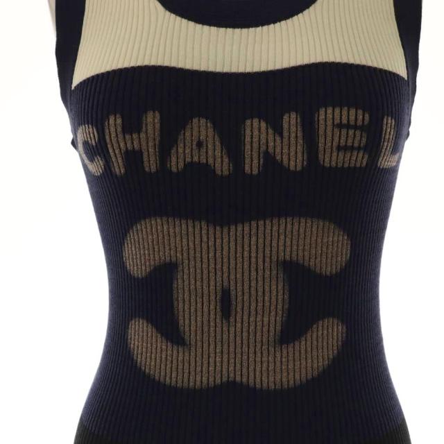 【中古】シャネル CHANEL P40691K02967 ロゴニットタンクトップ カットソー ノースリーブ 38 白 紺 黒 ベージュ_3