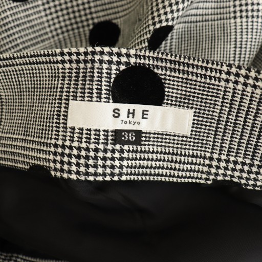 【中古】シートーキョー SHE Tokyo グレンチェックフロッキードットスカート ロング フレア 千鳥格子 リネン 36 黒 白_4