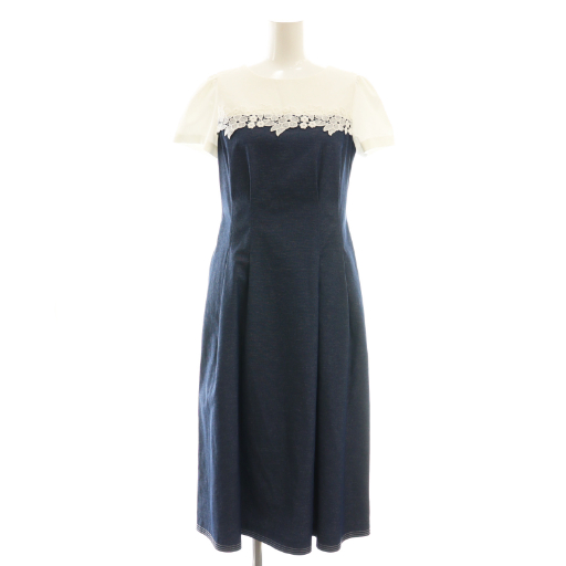 【中古】未使用品 エムズグレイシー フラワーレース×デニムライクドッキングワンピース リネン混 36 ホワイト 白