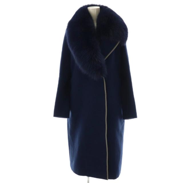 【中古】フェンディ FENDI フォックスファーコート チェスター アウター ウール I38 紺 ネイビー /NR ■OS レディース