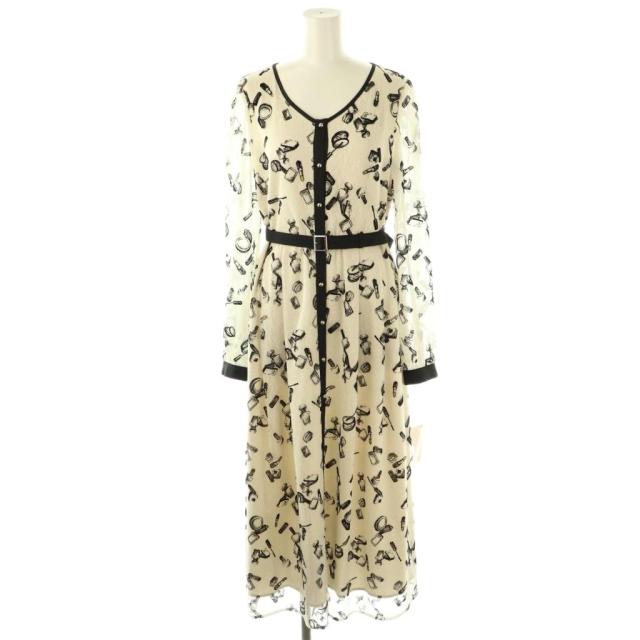 【中古】グレースコンチネンタル 25SS コスメフロッキープリントワンピース ロング 38 ライトベージュ ブラック