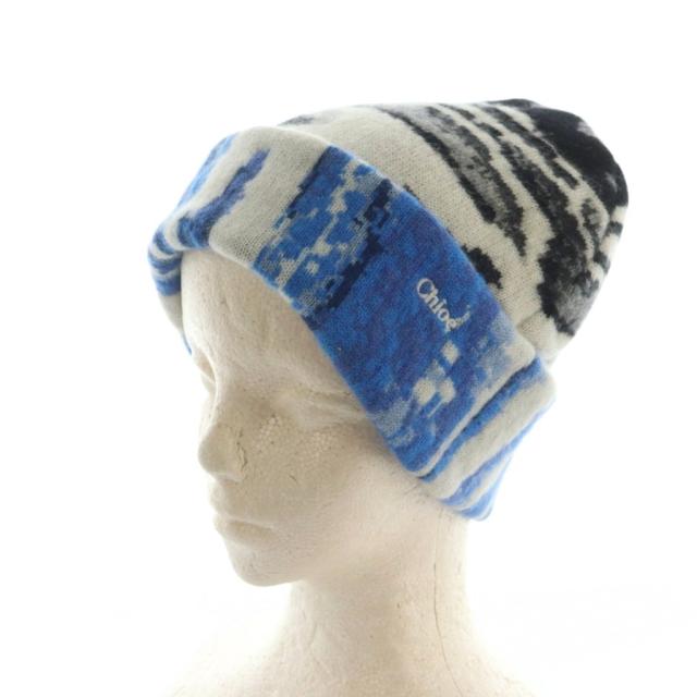 【中古】クロエ ニットキャップ ニット帽 帽子 カシミヤ ゼブラ柄 ブルー 青 ホワイト 白 ブラック 黒 レディース_1
