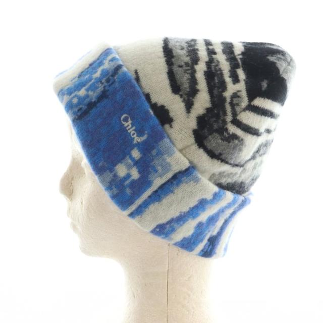 【中古】クロエ ニットキャップ ニット帽 帽子 カシミヤ ゼブラ柄 ブルー 青 ホワイト 白 ブラック 黒 レディース_3