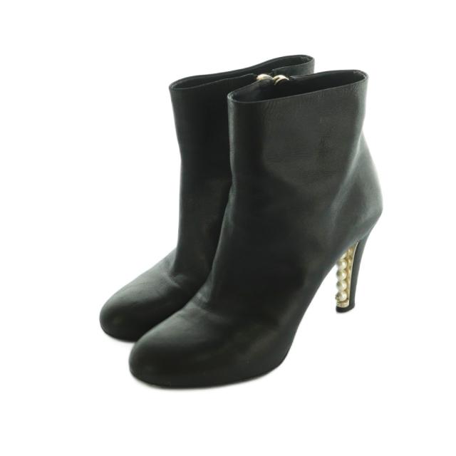 【中古】シャネル CHANEL ショートブーツ パールヒール 39C 24.5cm 黒 ブラック /MI ■OS レディース