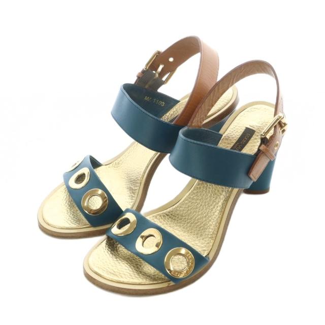 【中古】ルイヴィトン LOUIS VUITTON サンダル 38 24.5cm ヒール ゴールドカラー 金色 ターコイズブルー /RI ■OS