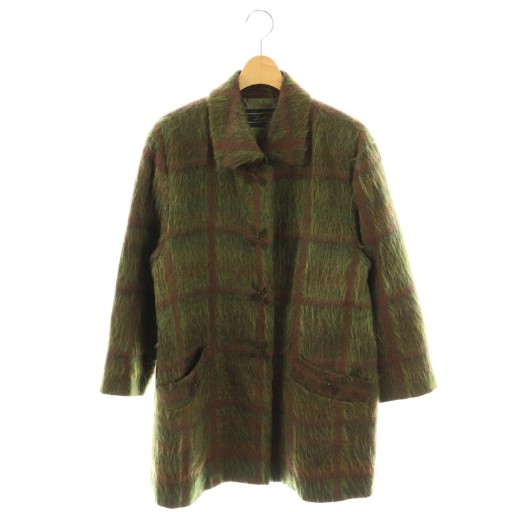 【中古】レリアン Leilian コート モヘヤ混 9 緑 グリーン チェック /AG ■OS レディース