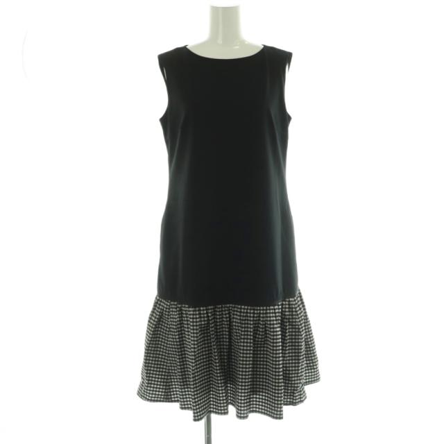 【中古】ルネ Rene ベーシック ギンガムチェック 切替 ワンピース ノースリーブ ミモレ ロング 34 黒 白
