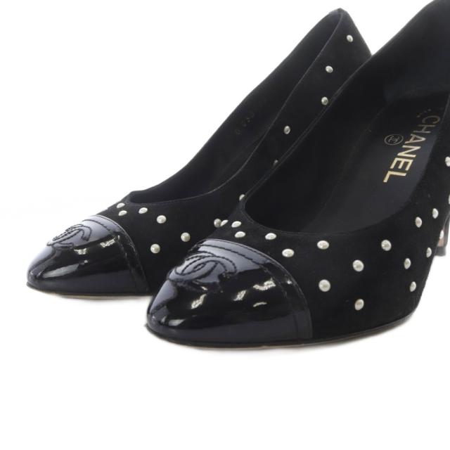 【中古】シャネル CHANEL パンプス ハイヒール ココマーク パール スエード 36.5C ブラック /YO29 レディース