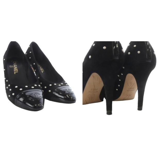 【中古】シャネル CHANEL パンプス ハイヒール ココマーク パール スエード 36.5C ブラック /YO29 レディース