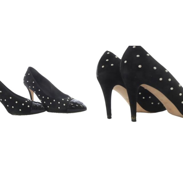 【中古】シャネル CHANEL パンプス ハイヒール ココマーク パール スエード 36.5C ブラック /YO29 レディース