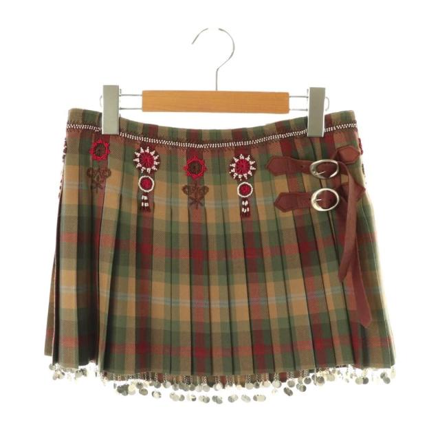 【中古】ケイタマルヤマ KEITA MARUYAMA 装飾ウールチェックミニスカート プリーツ 1 カーキ ベージュ /HK ■OS ■SH