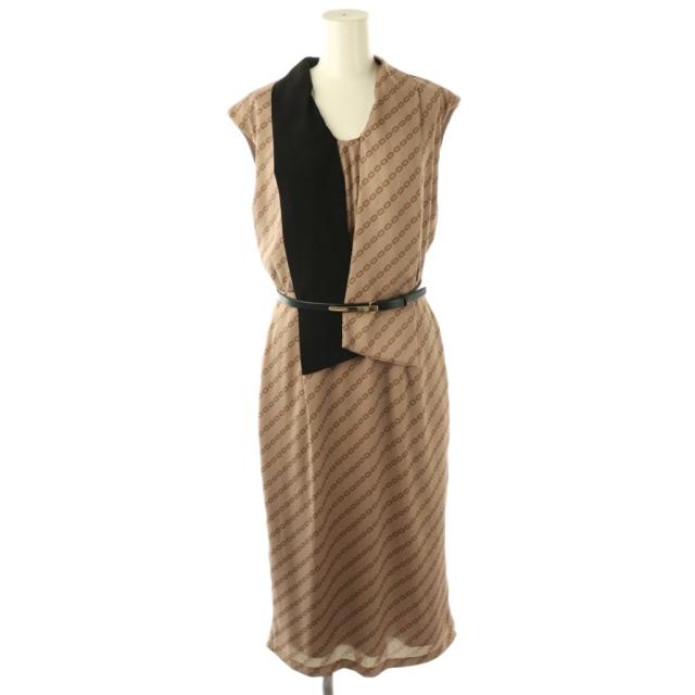 【中古】ピンキー&ダイアン ピンダイ PINKY&DIANNE チェーンプリントワンピース ミディ丈 ひざ丈 38 ベージュ