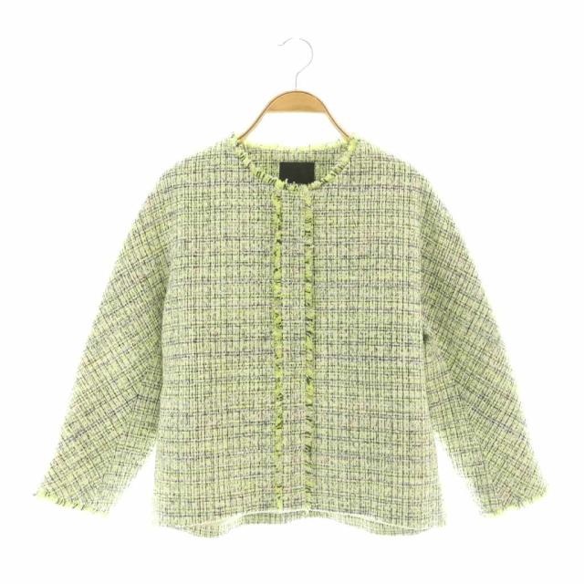 【中古】エブール 25SS ポリエステルコットンツィード ジャケット ノーカラー 36 ライムグリーン ブラック ホワイト