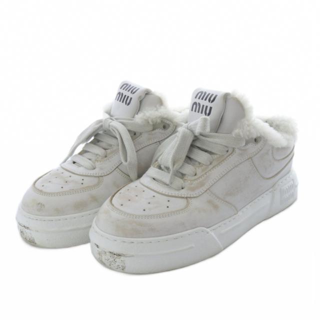 【中古】ミュウミュウ miumiu ブリーチドレザー スニーカー ローカット ボア ヴィンテージ加工 36.5 ホワイト_1