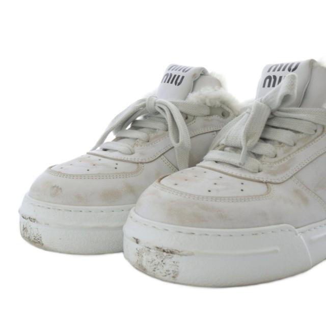 【中古】ミュウミュウ miumiu ブリーチドレザー スニーカー ローカット ボア ヴィンテージ加工 36.5 ホワイト_4