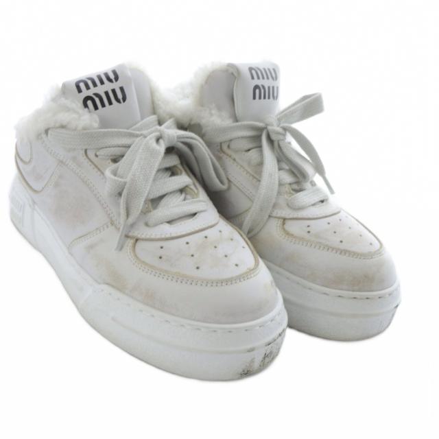 【中古】ミュウミュウ miumiu ブリーチドレザー スニーカー ローカット ボア ヴィンテージ加工 36.5 ホワイト_7