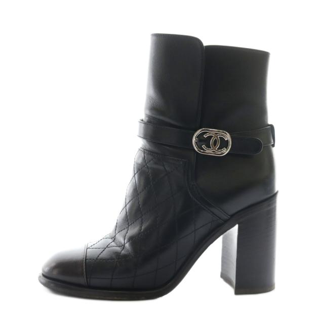【中古】シャネル CHANEL ショートブーツ チャンキーヒール レザー 36.5 黒 ブラック キルティング ココマーク /AQ