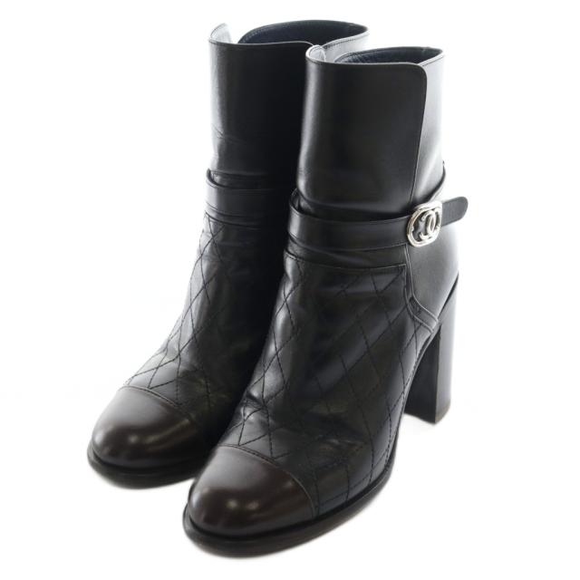 【中古】シャネル CHANEL ショートブーツ チャンキーヒール レザー 36.5 黒 ブラック キルティング ココマーク /AQ