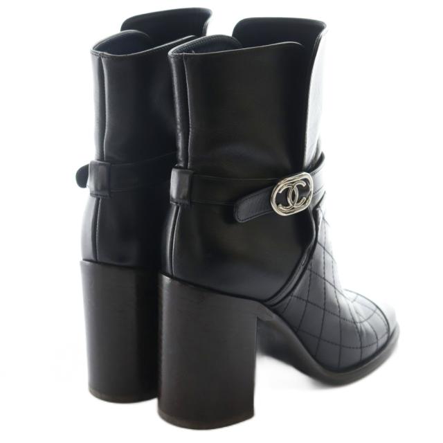【中古】シャネル CHANEL ショートブーツ チャンキーヒール レザー 36.5 黒 ブラック キルティング ココマーク /AQ