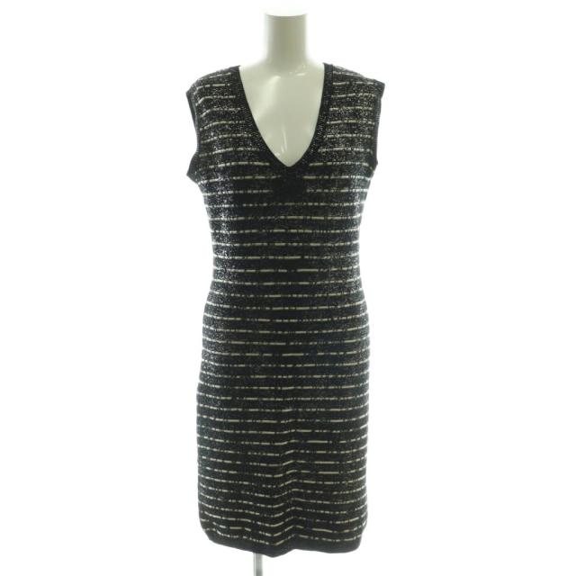 【中古】シャネル CHANEL P39229 ツイードニット ココマーク ワンピース ノースリーブ 膝丈 Vネック 38 黒 アイボリー