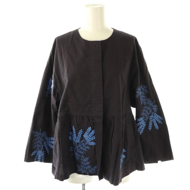 【中古】ヌキテパ 24AW Cotton Linen Plants Embroidery Long Sleeve Blouse ブラウス 刺繍 ネイビー