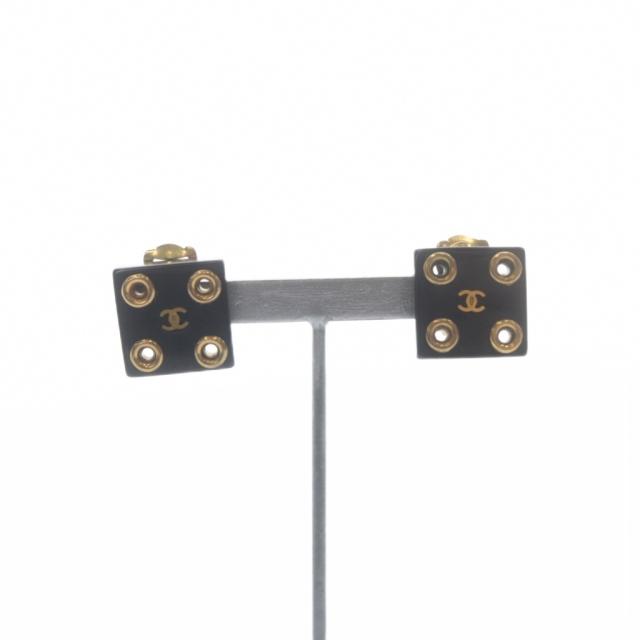 【中古】シャネル CHANEL ココマーク アイレットスクエアイヤリング 黒 ブラック ゴールド色 01P /SR ■OH レディース_1