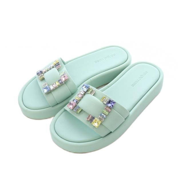【中古】セルジオロッシ SR JELLY フラット サンダル ビジュー 37.5 24cm 24.5cm ブルーグリーン /RI ■OS