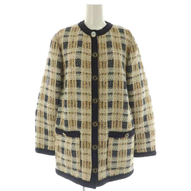 【中古】グッチ GUCCI 691452 ツイードジャケット ノーカラー 36 ベージュ 紺 ネイビー /NR ■OS レディース