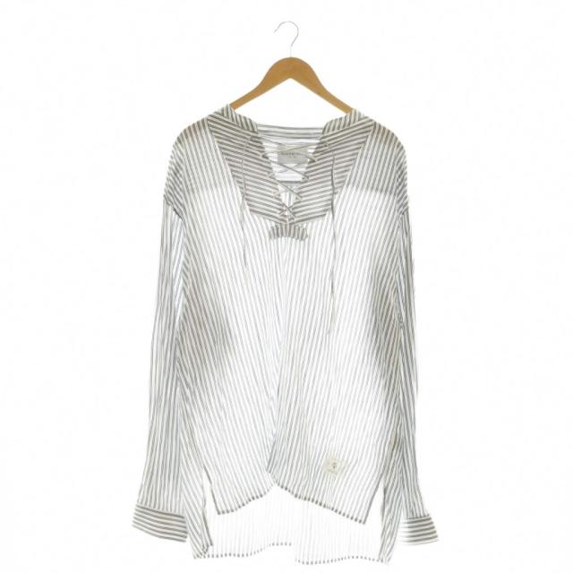 【中古】ブラックウィドゥ Black Weirdos Lace-up Pullover Shirt シャツ ブラウス ストライプ L ホワイト ネイビー