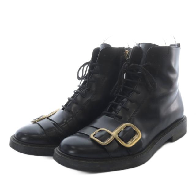 【中古】トッズ TOD'S バックルストラップレースアップブーツ ショート フラット レザー 38 ブラック /YO1 レディース