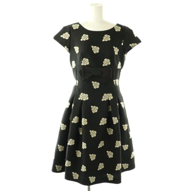 【中古】エムズグレイシー Camellia One-piece ワンピース ロング 半袖 38 ブラック ライトベージュ /DO ■OS