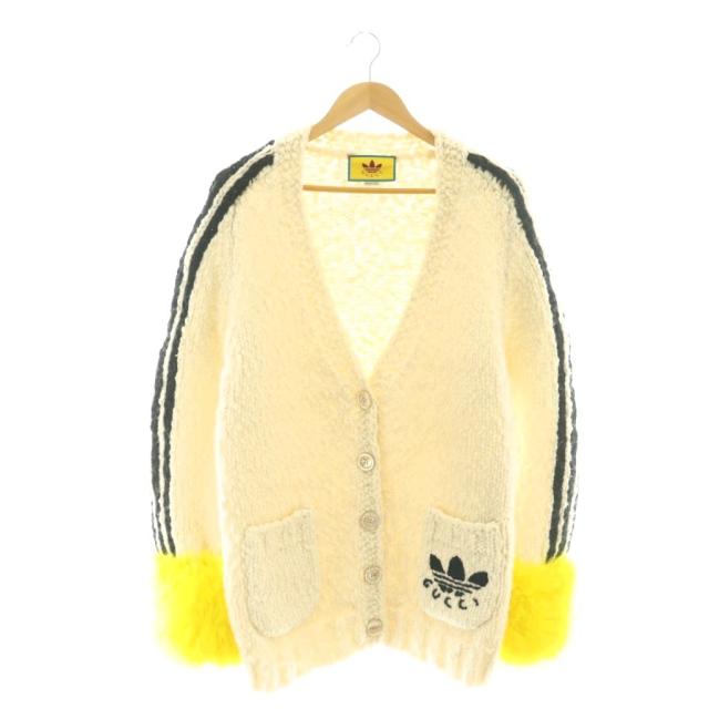 【中古】グッチ GUCCI ×adidas ロゴ カーディガン ニット Vネック XS アイボリー 黒 黄色 713001 /CX ■OS メンズ