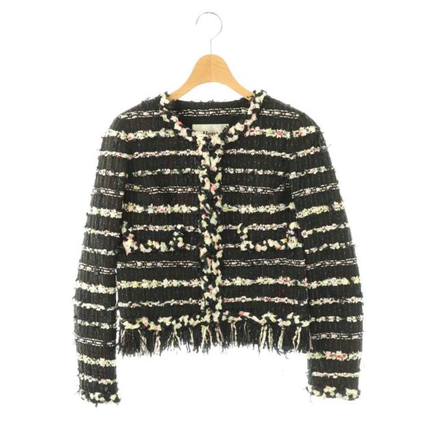 【中古】ルネ Rene MALHIA KENT ツイードジャケット ノーカラー 36 ブラック /HK ■OS レディース