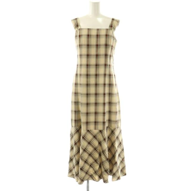 【中古】マイストラーダ Mystrada 洗えるバックシャンカラーワンピース チェック ノースリーブ ロング 36 ベージュ