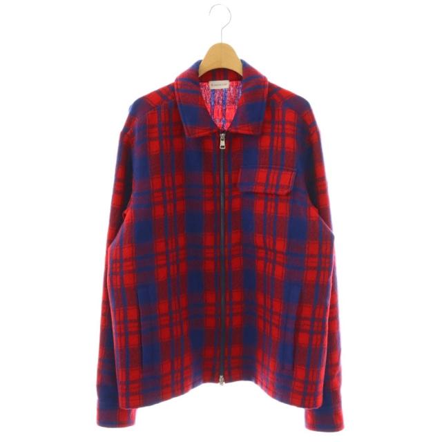 【中古】モンクレール MONCLER 23AW CAMICIA ジップアップ チェック シャツジャケット ブルゾン M レッド ブルー