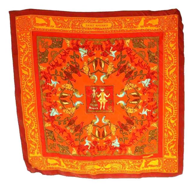 【中古】エルメス HERMES 古き良きアメリカ EARLY AMERICA シルク大判ストール マルチカラー オレンジ ボルドー /SS