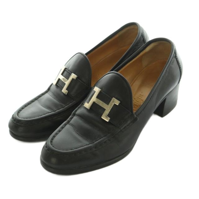 【中古】エルメス HERMES ローファー モカシン レザー 35.5 23.0cm 黒 /MI ■OS レディース